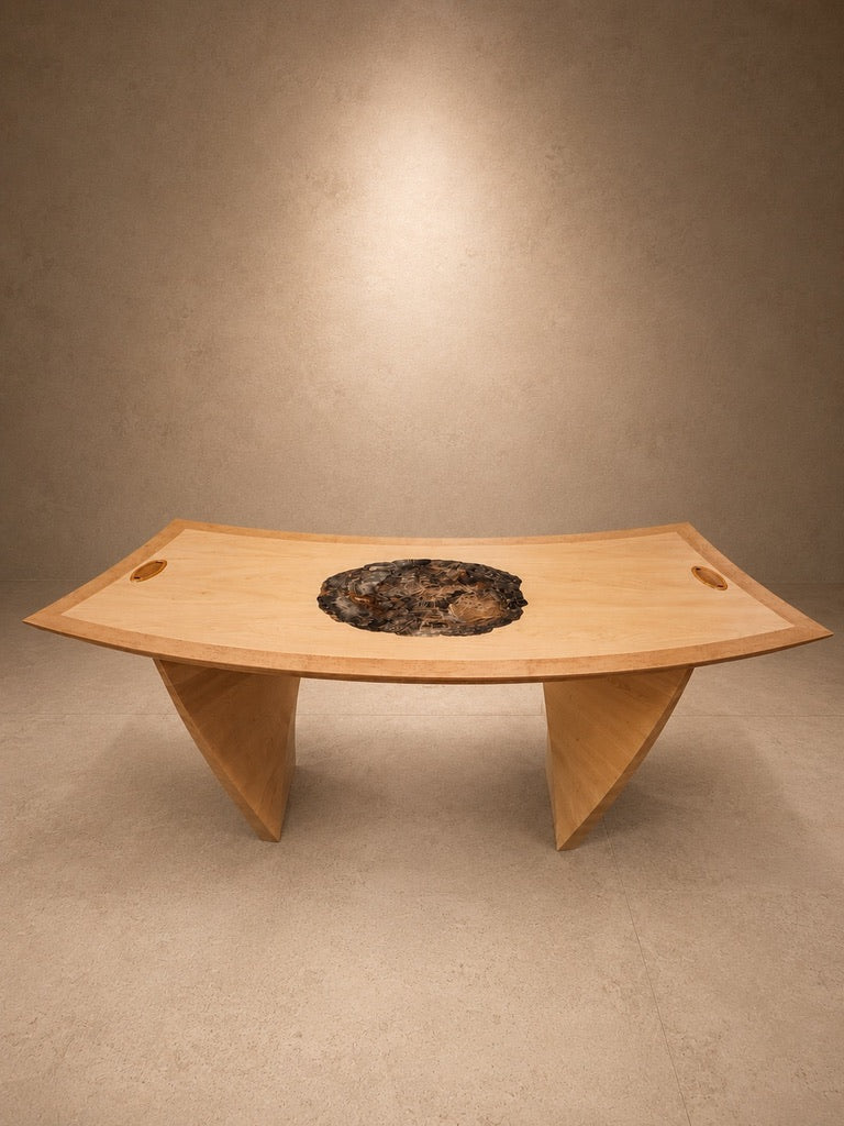 BIRDS EYE MAPLE INLAID PETRIFIED WOOD DESK